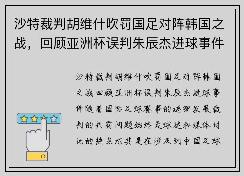 沙特裁判胡维什吹罚国足对阵韩国之战，回顾亚洲杯误判朱辰杰进球事件